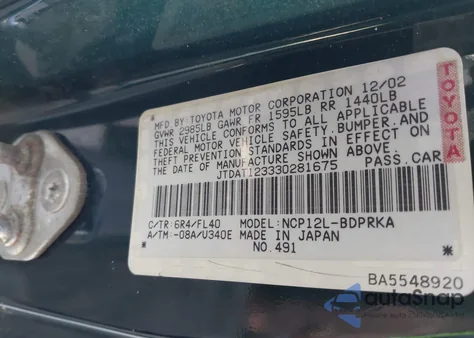 2003 Toyota Echo z USA, uszkodzony, nr VIN JTDAT123330281675